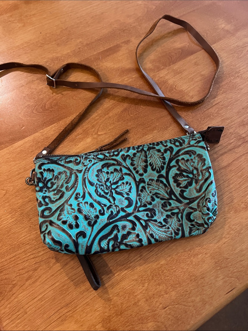 Teal Embossed Floral Crossbody Bag with Brown Strap